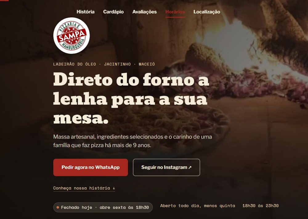 Landing page da Pizzaria Sampa, pizzaria e hamburgueria em Maceió